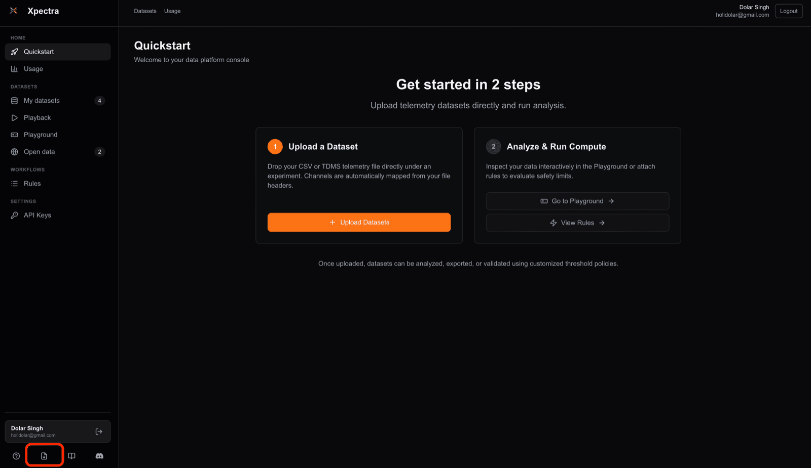 The support log button in the console sidebar